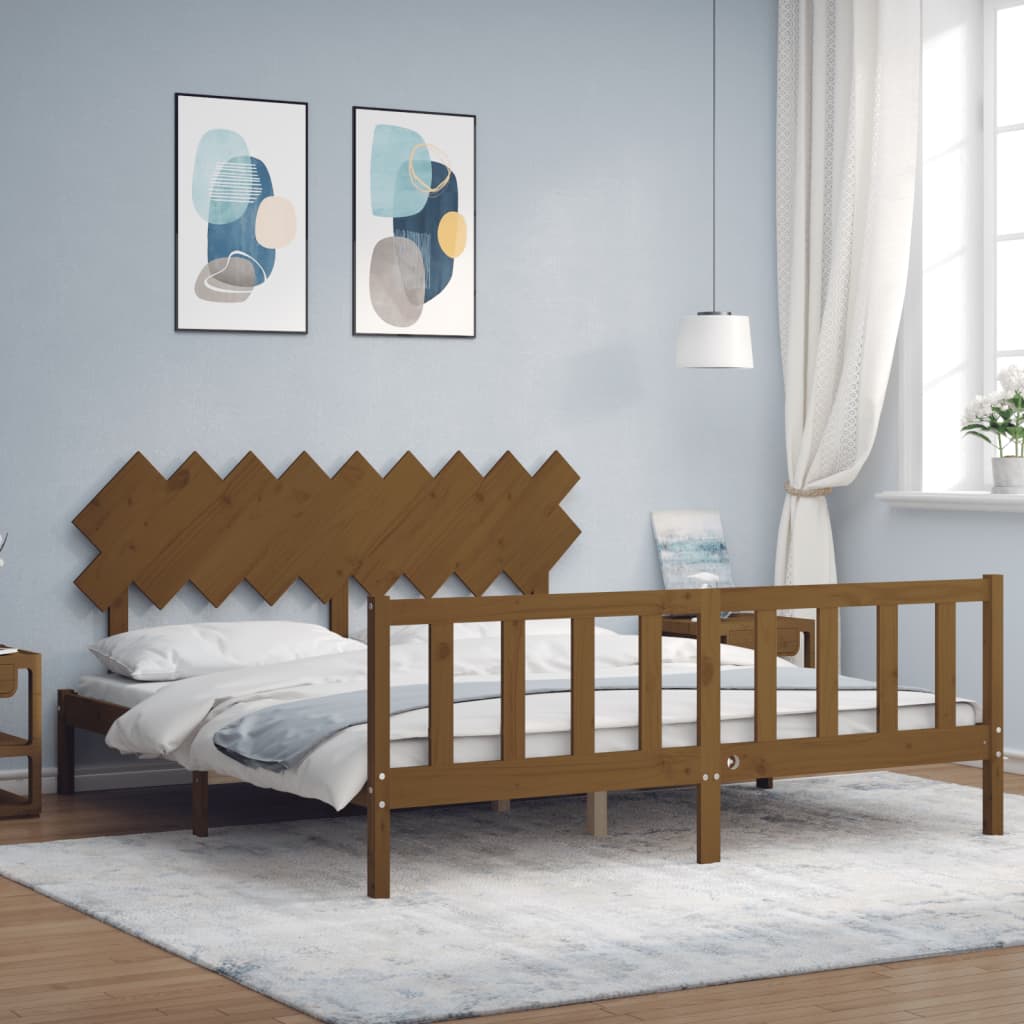 vidaXL Bed Frame with Headboard Honey Brown Super King Size Solid Wood