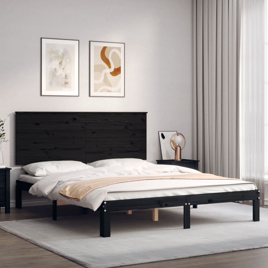 vidaXL Bed Frame with Headboard Black King Size Solid Wood
