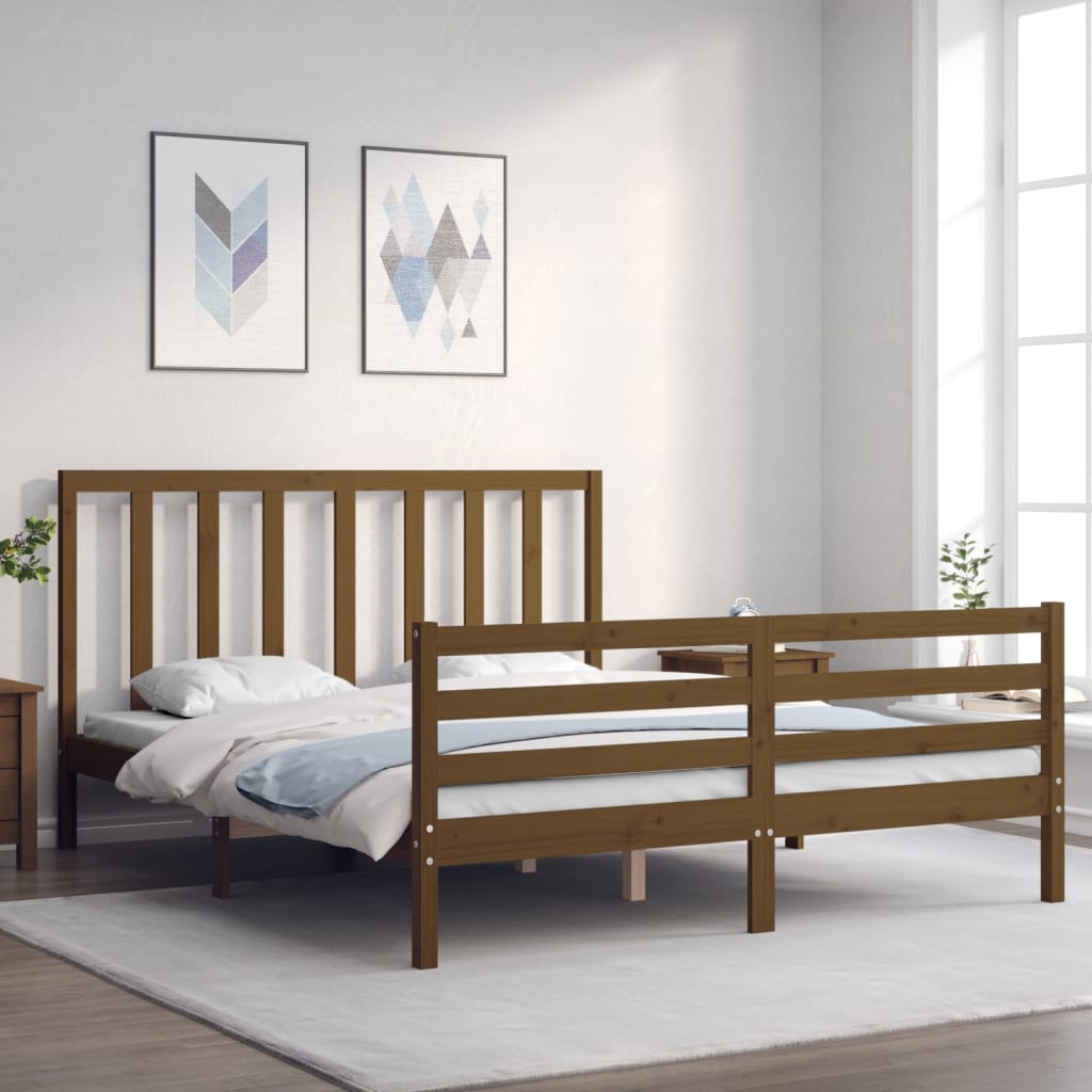 vidaXL Bed Frame with Headboard Honey Brown King Size Solid Wood