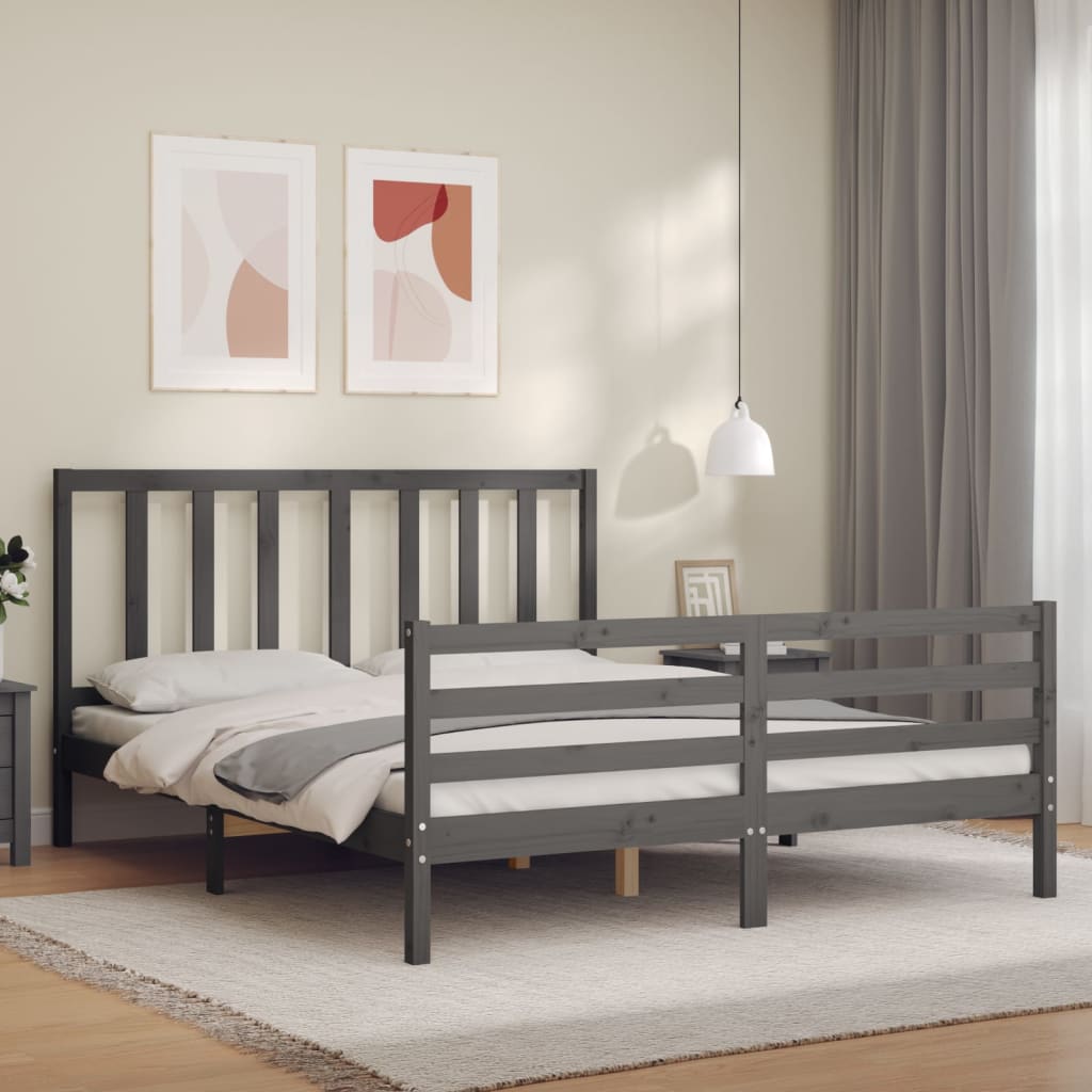 vidaXL Bed Frame with Headboard Grey King Size Solid Wood