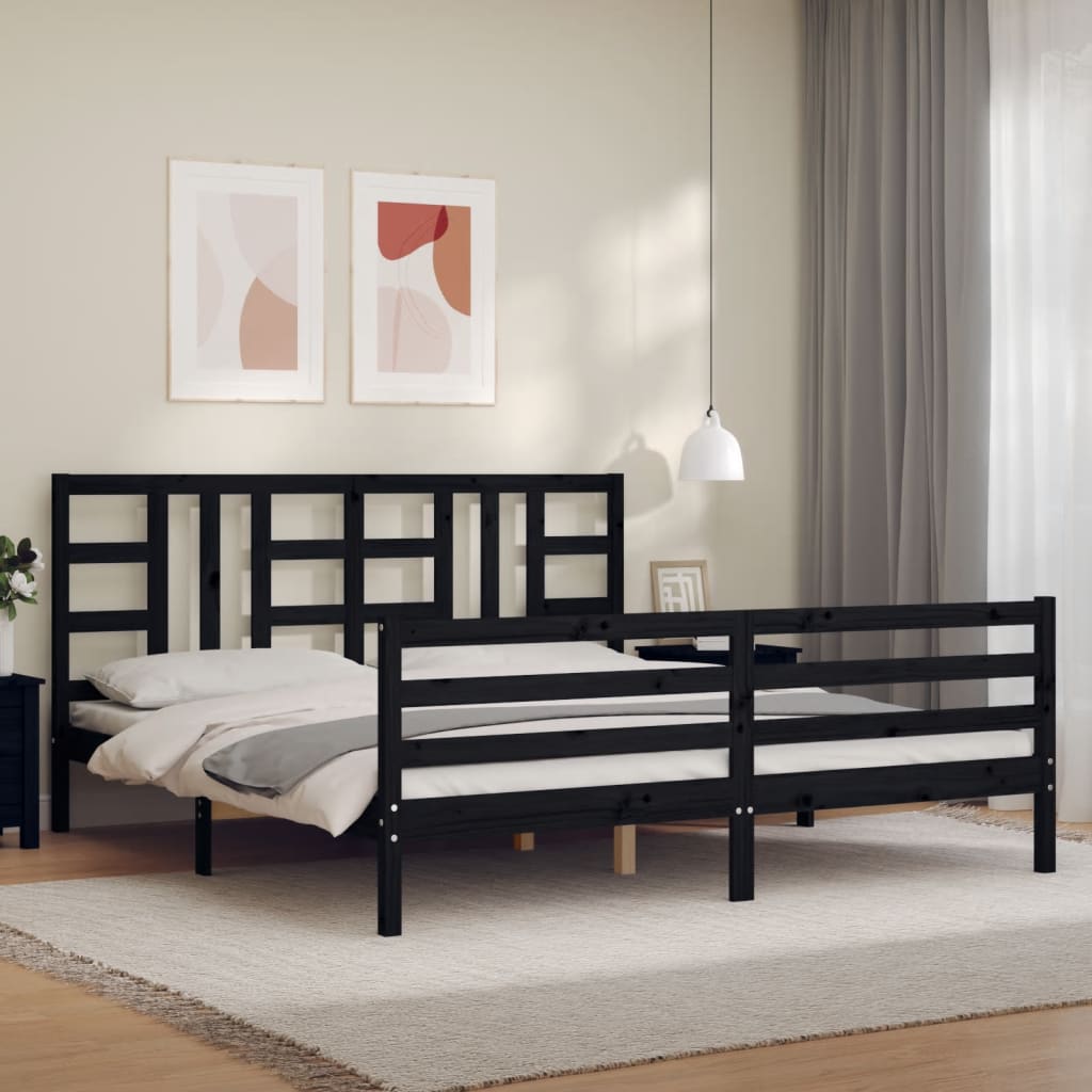 vidaXL Bed Frame with Headboard Black Super King Size Solid Wood