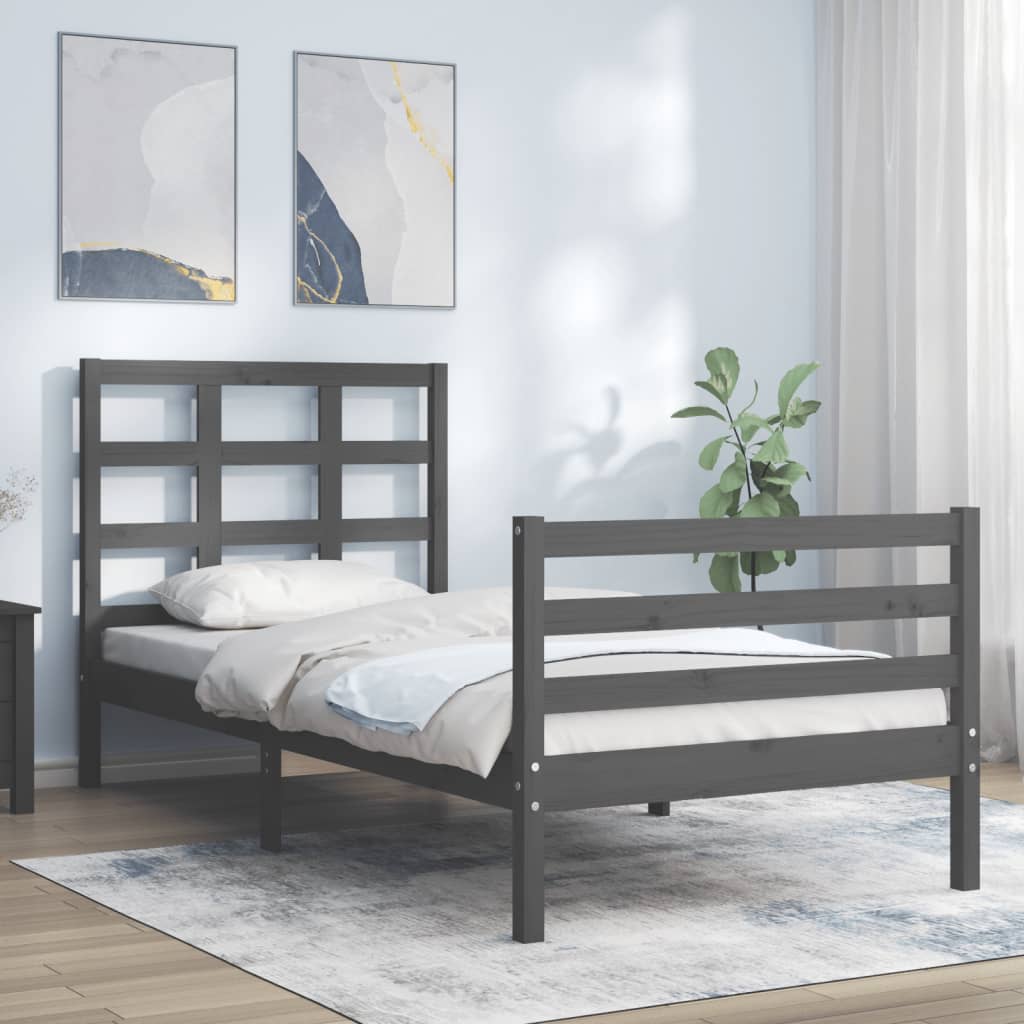 vidaXL Bed Frame with Headboard Grey Single Solid Wood