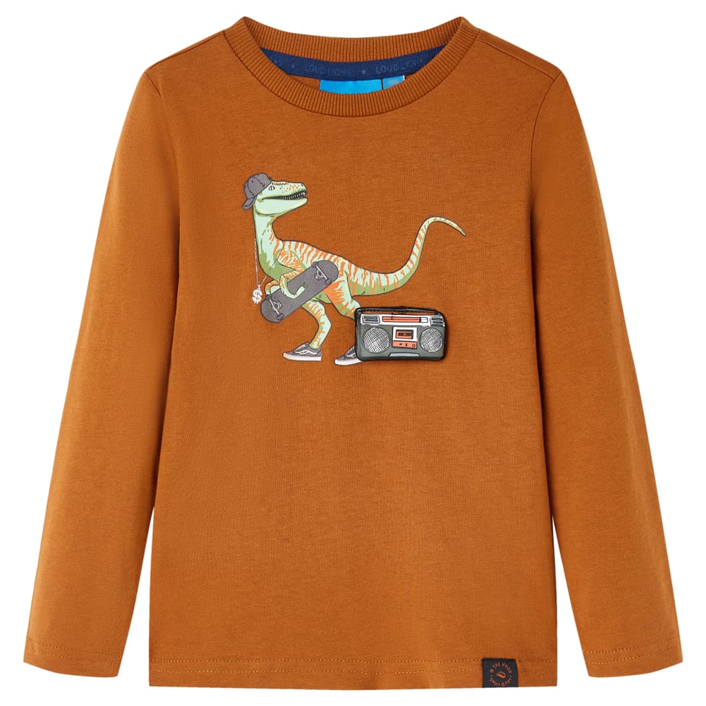 Kids' T-shirt with Long Sleeves Dinosaur Print Cognac 140