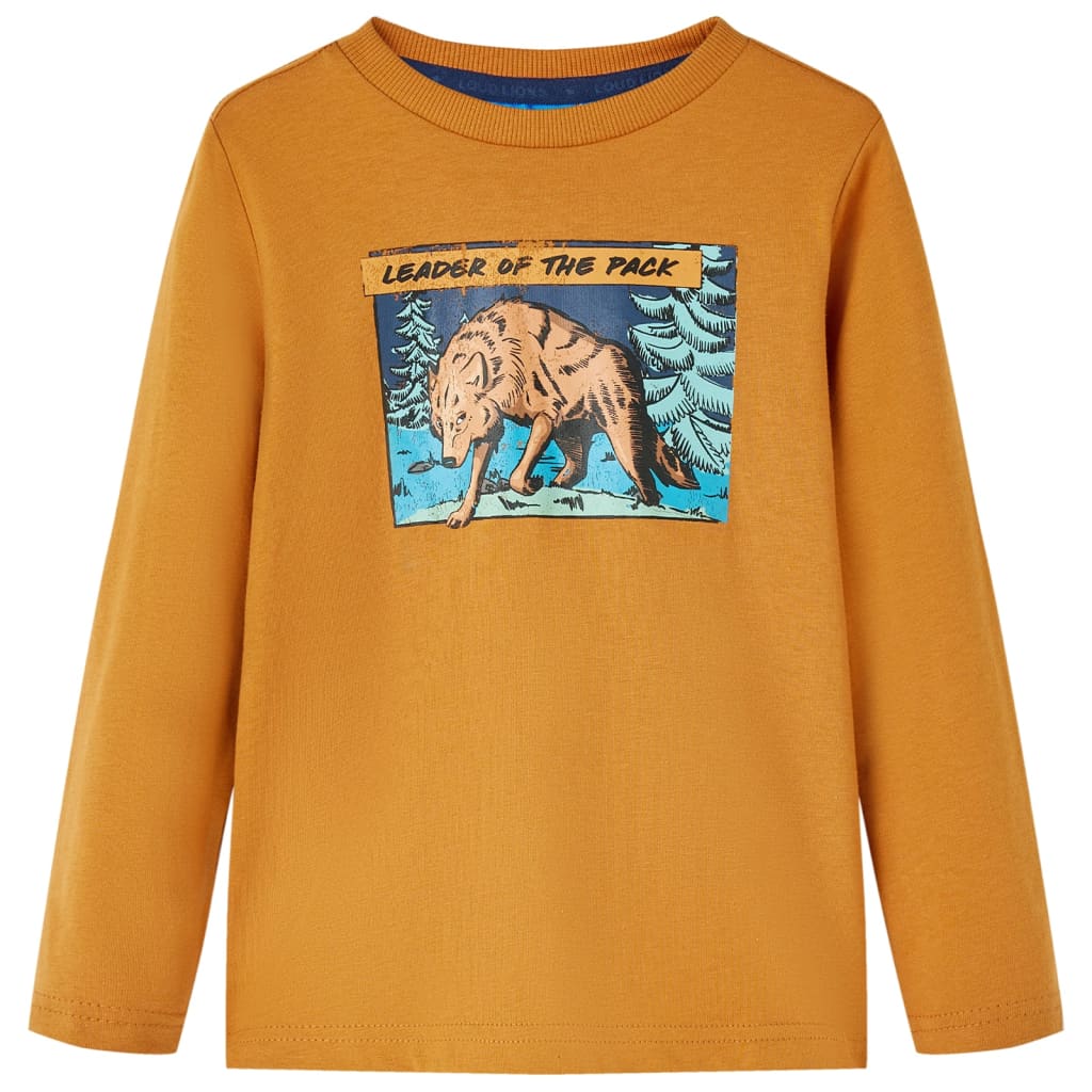 Kids' T-shirt with Long Sleeves Wolf Print Dark Ochre 140