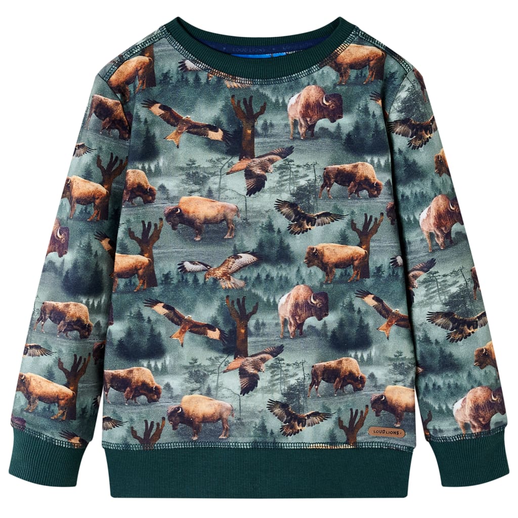 Kids' Sweatshirt with Cattle and Eagle Print Dark Green 140