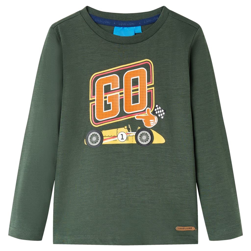 Kids' T-shirt with Long Sleeves Racing Car Print Dark Green 116