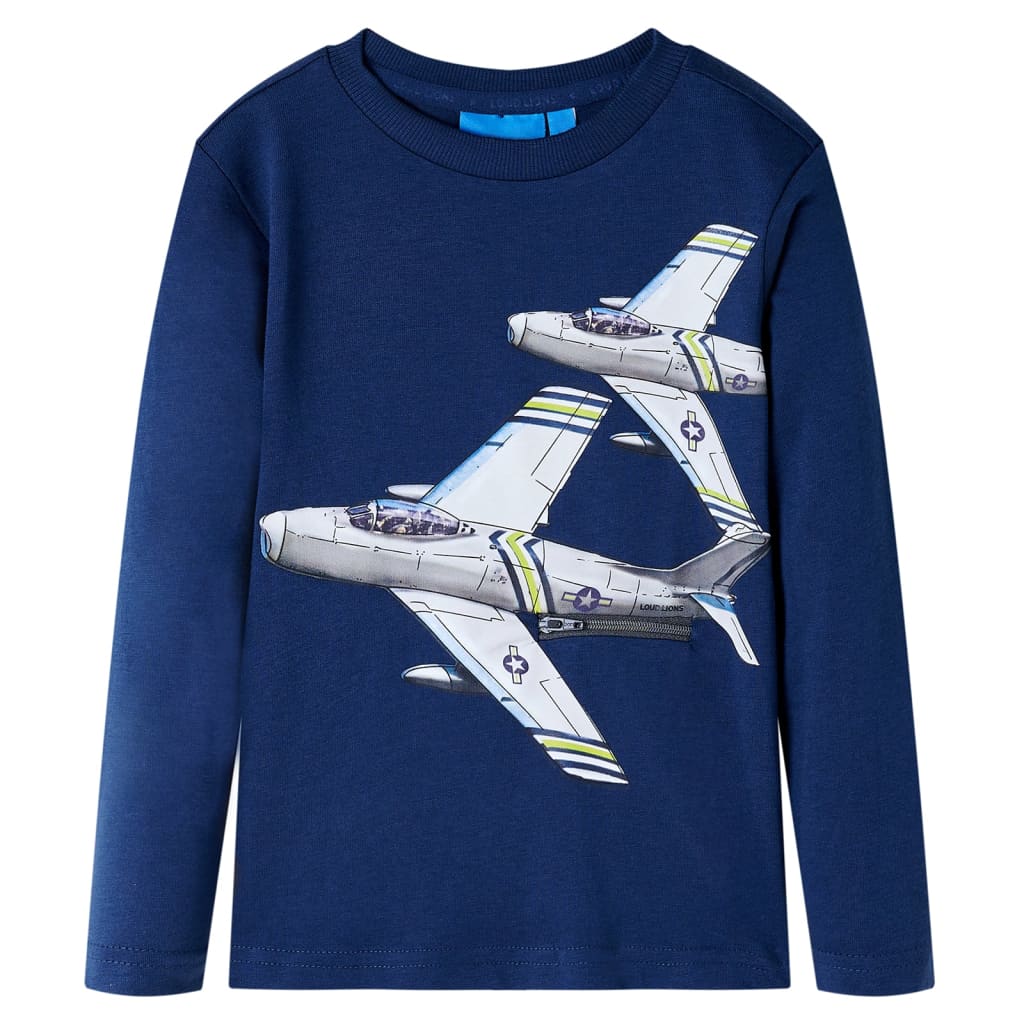 Kids' T-shirt with Long Sleeves Plane Print Navy Blue 140