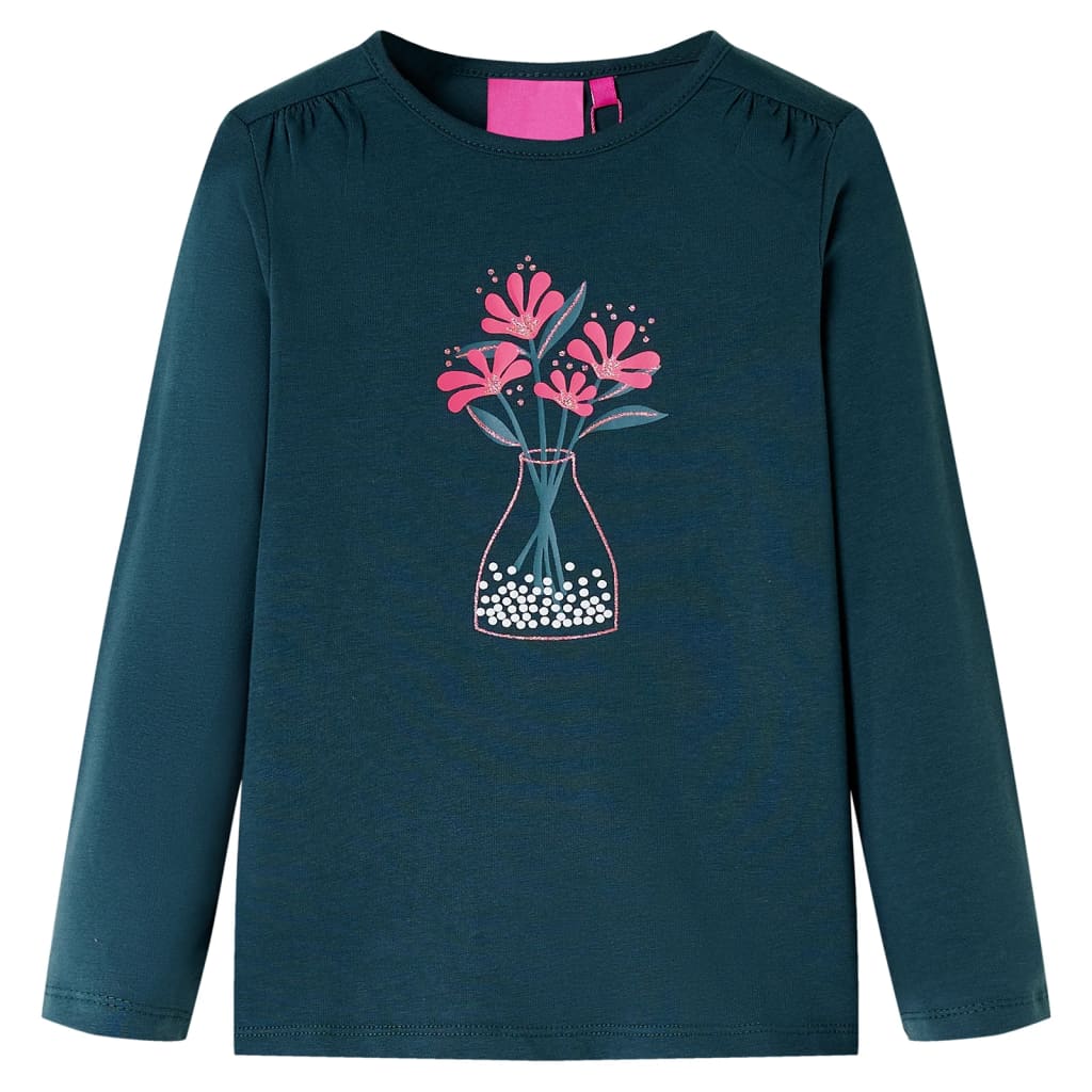 Kids' T-shirt with Long Sleeves Flower Print Dark Green 140