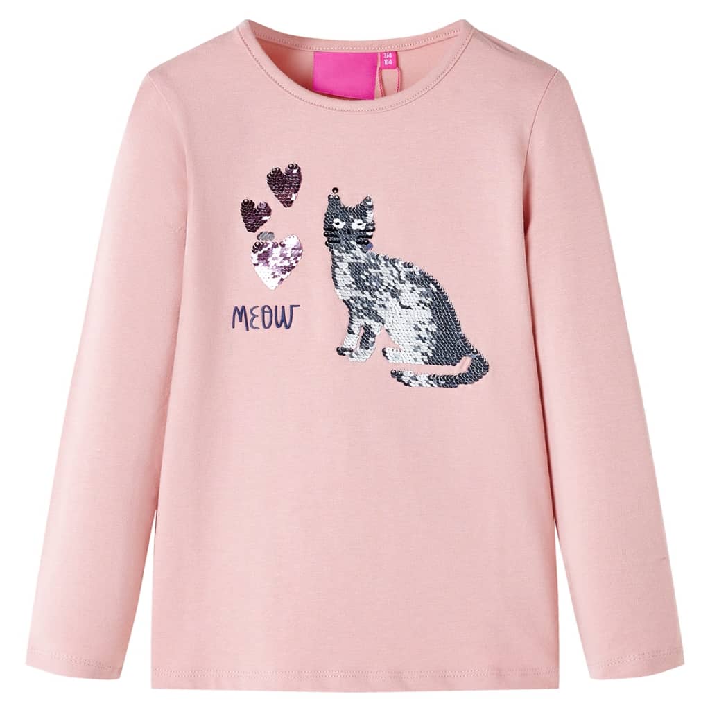 Kids' T-shirt with Long Sleeves Sequin Cat Design Light Pink 92