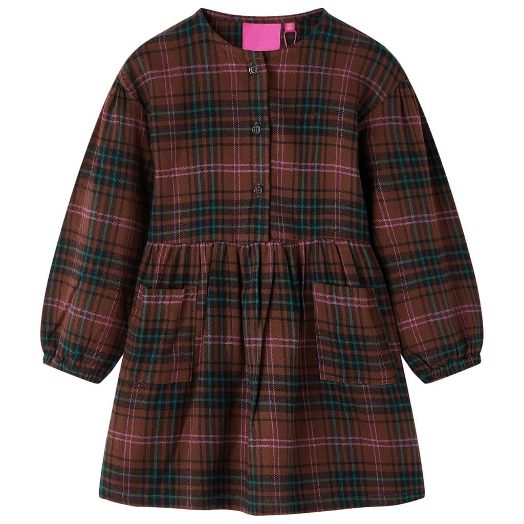 Kids' Dress with Long Sleeves Plaid Pattern Cognac 128