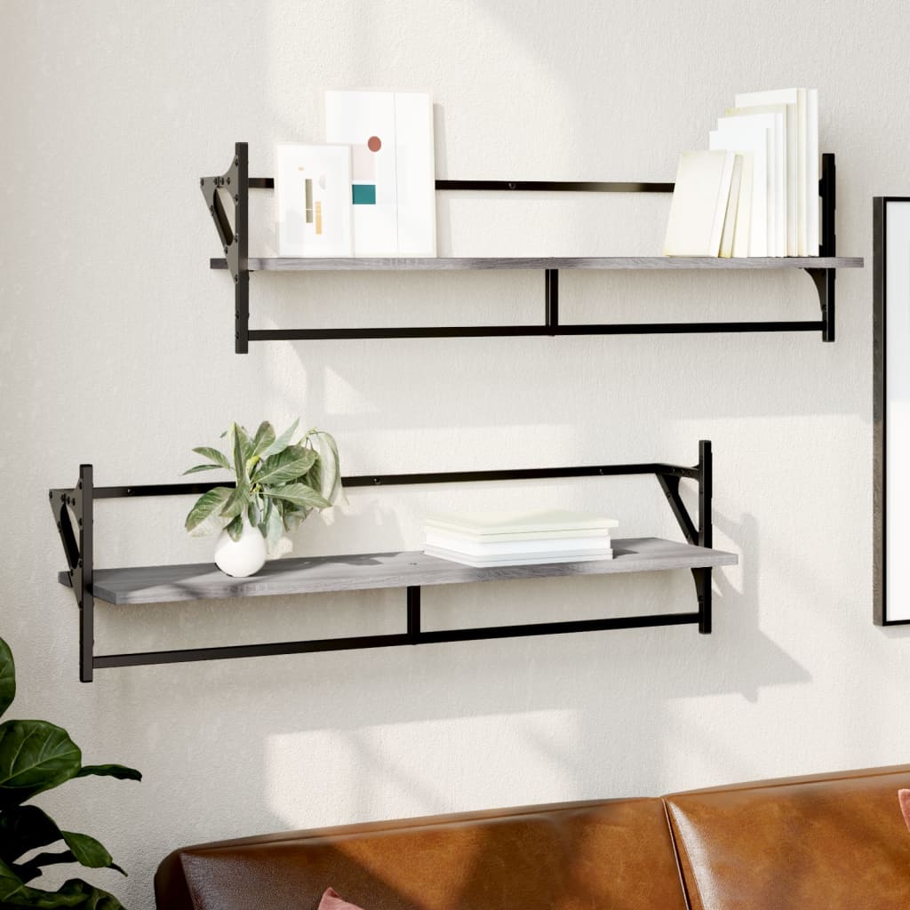 vidaXL Wall Shelves with Bars 2 pcs Grey Sonoma 100x25x30 cm