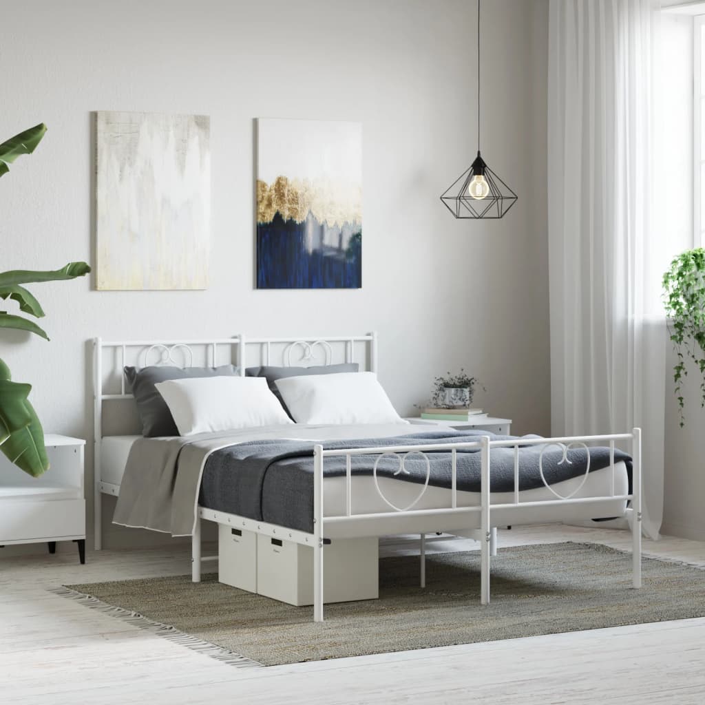 vidaXL Metal Bed Frame with Headboard and Footboard White 140x190 cm