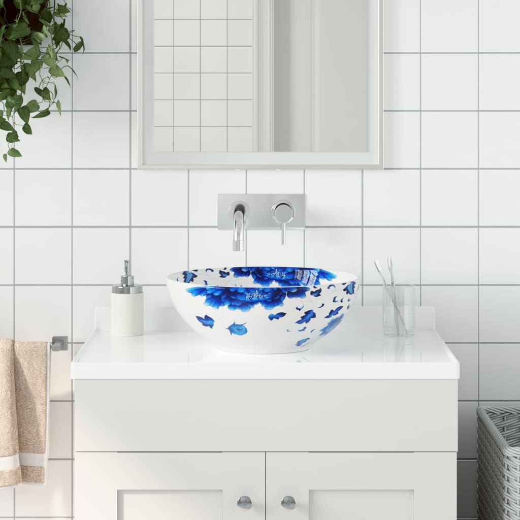 vidaXL Countertop Basin White and Blue Round ë_41x14 cm Ceramic