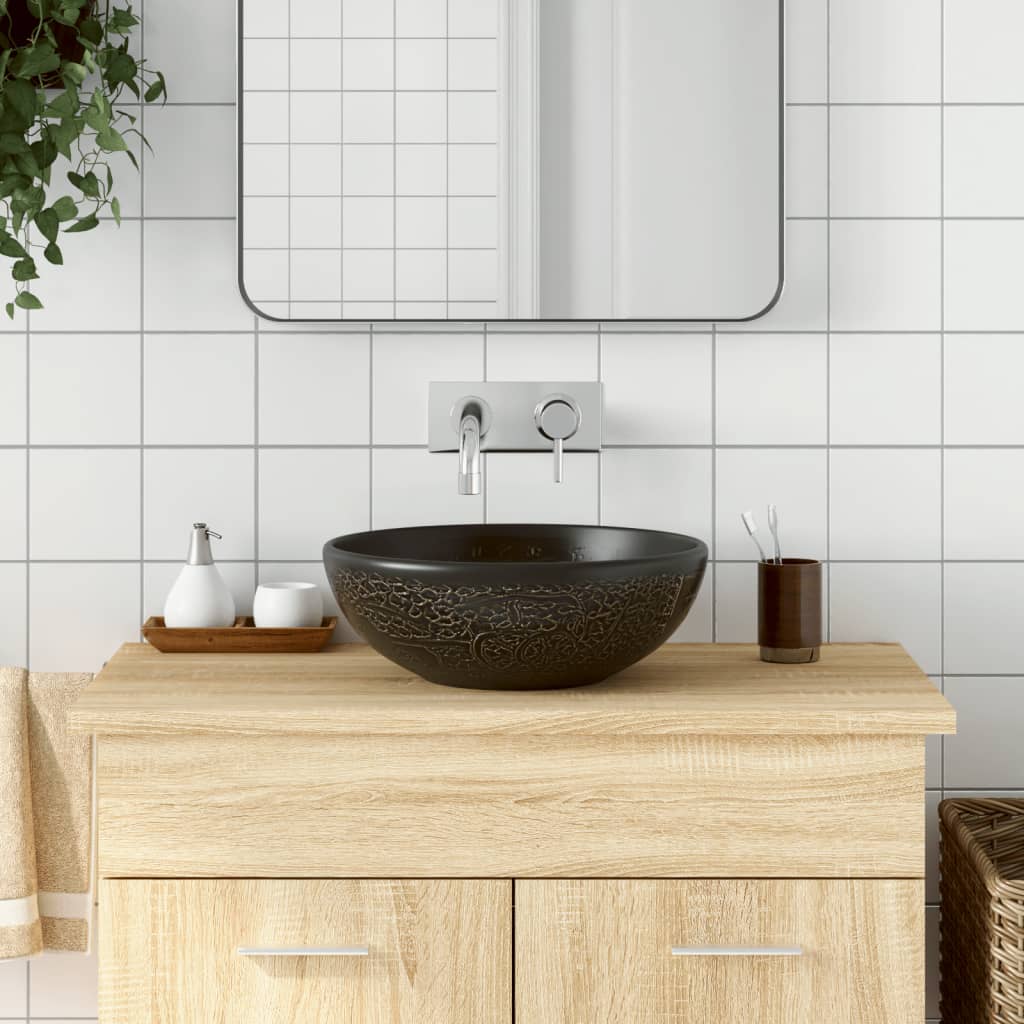 vidaXL Countertop Basin Black Round ë_41x14 cm Ceramic