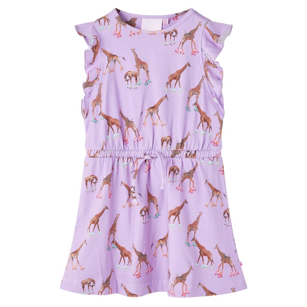 Kids' Dress with Ruffle Sleeves and Drawstring Giraffe Print Lila 128