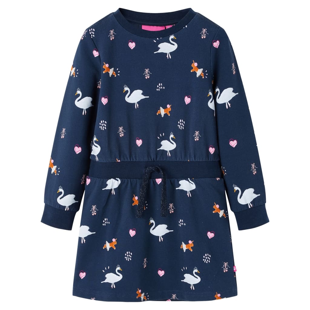 Kids' Dress with Long Sleeves Swan Print Navy 140