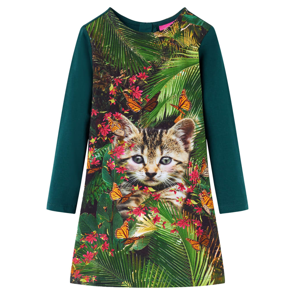 Kids' Dress with Long Sleeves Cat Print Dark Green 140