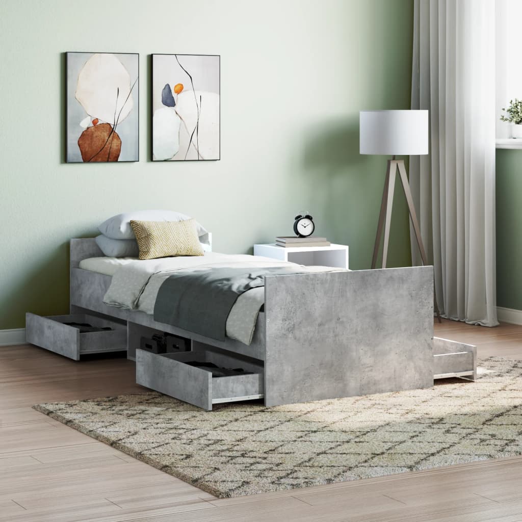 vidaXL Bed Frame with Headboard and Footboard Concrete Grey 75x190 cm