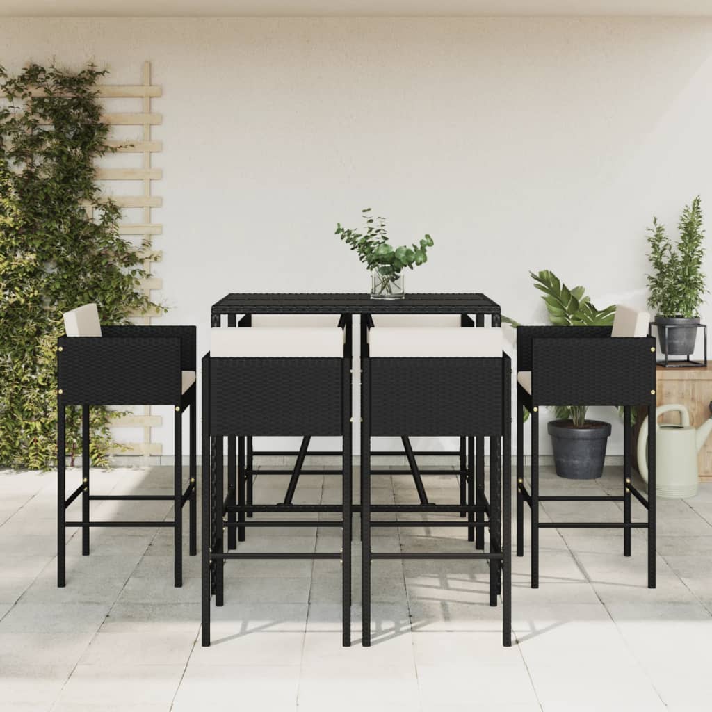 vidaXL 7 Piece Garden Bar Set with Cushions Black Poly Rattan