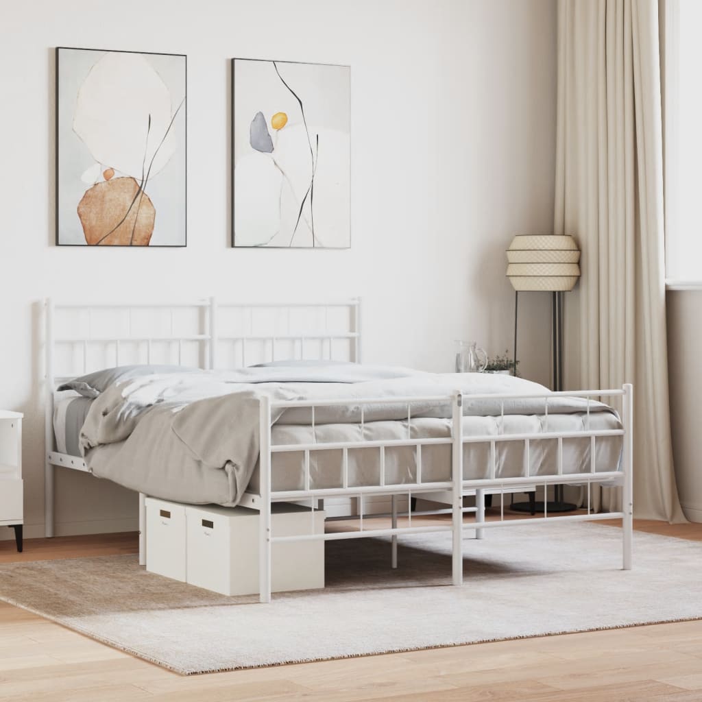vidaXL Metal Bed Frame with Headboard and Footboard White 135x190 cm