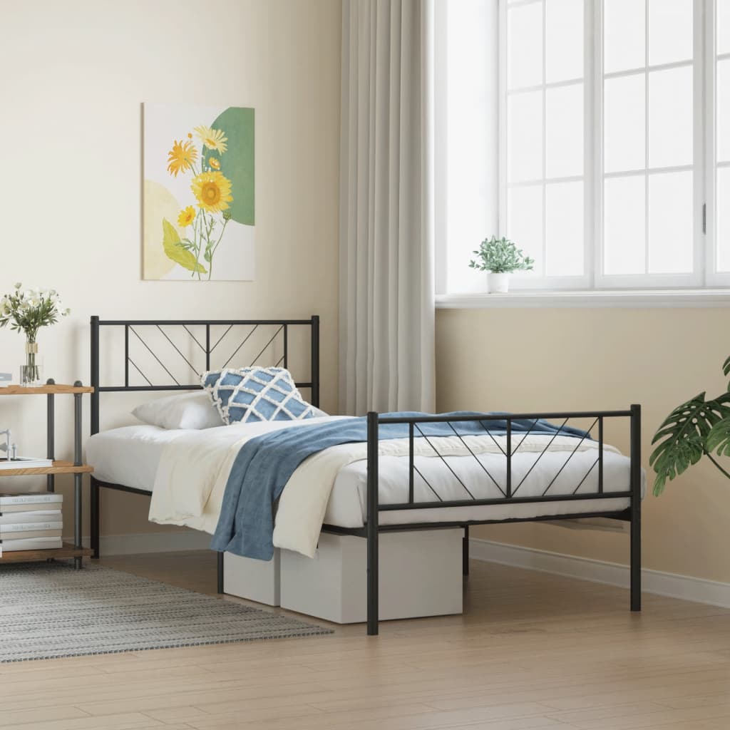 vidaXL Metal Bed Frame with Headboard and Footboard Black 75x190 cm