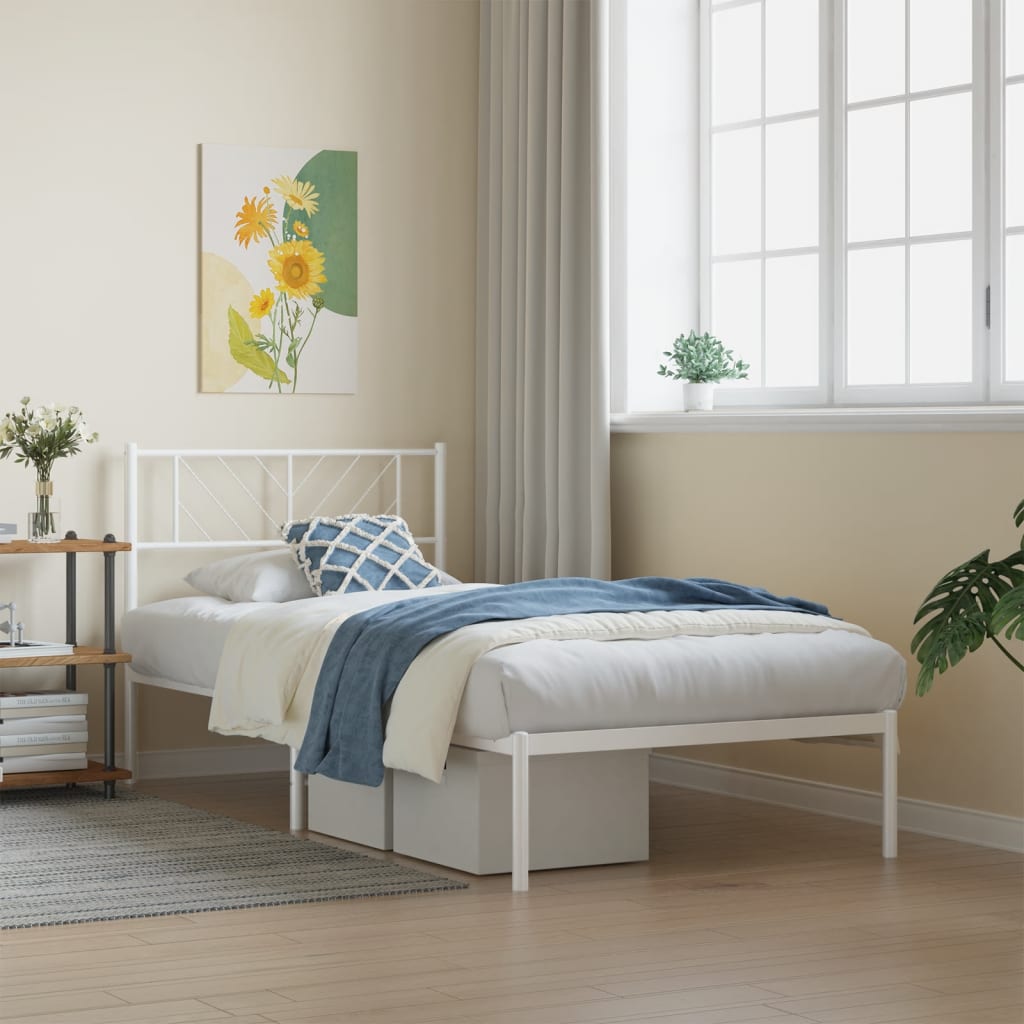 vidaXL Metal Bed Frame with Headboard White 90x190 cm