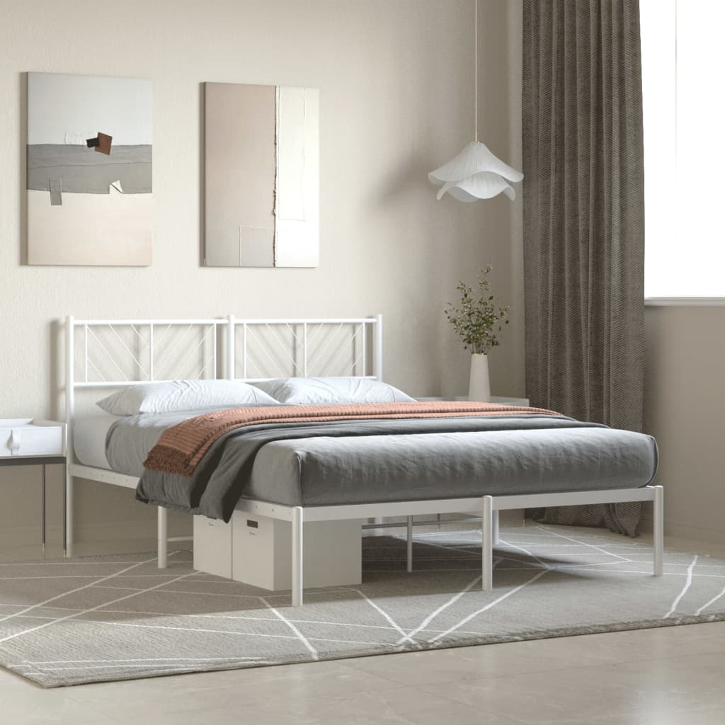vidaXL Metal Bed Frame with Headboard White 150x200 cm