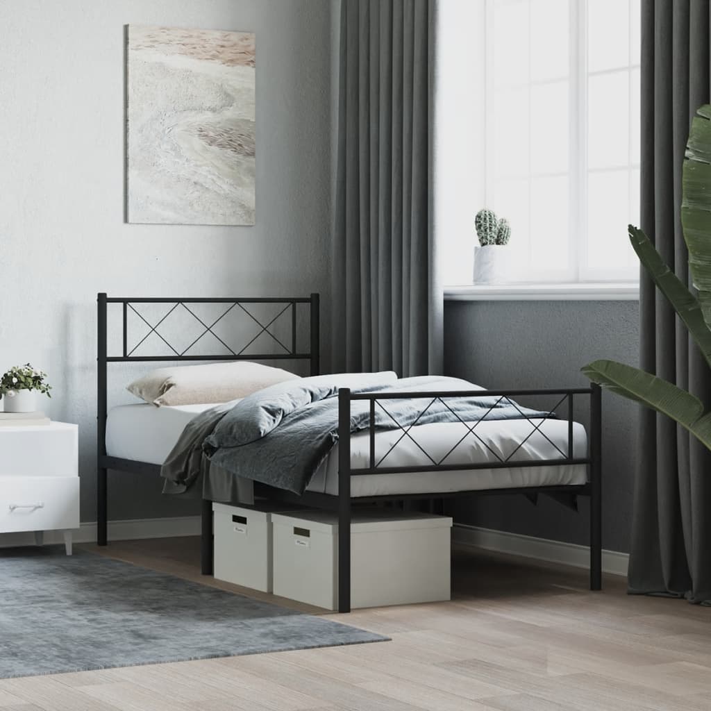 vidaXL Metal Bed Frame with Headboard and Footboard Black 90x190 cm 3FT Single