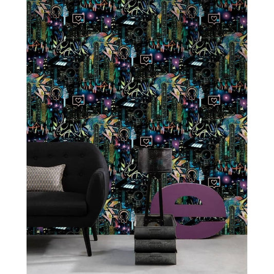Noordwand Good Vibes Wallpaper Skyscrapers City Icons Black and Purple