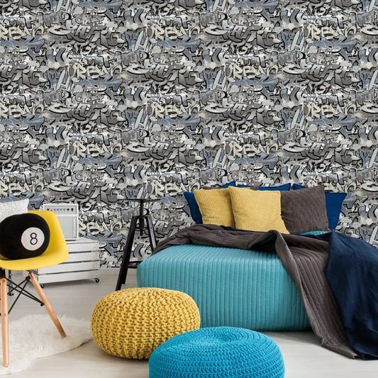 Noordwand Good Vibes Wallpaper Graffiti Grey and Blue