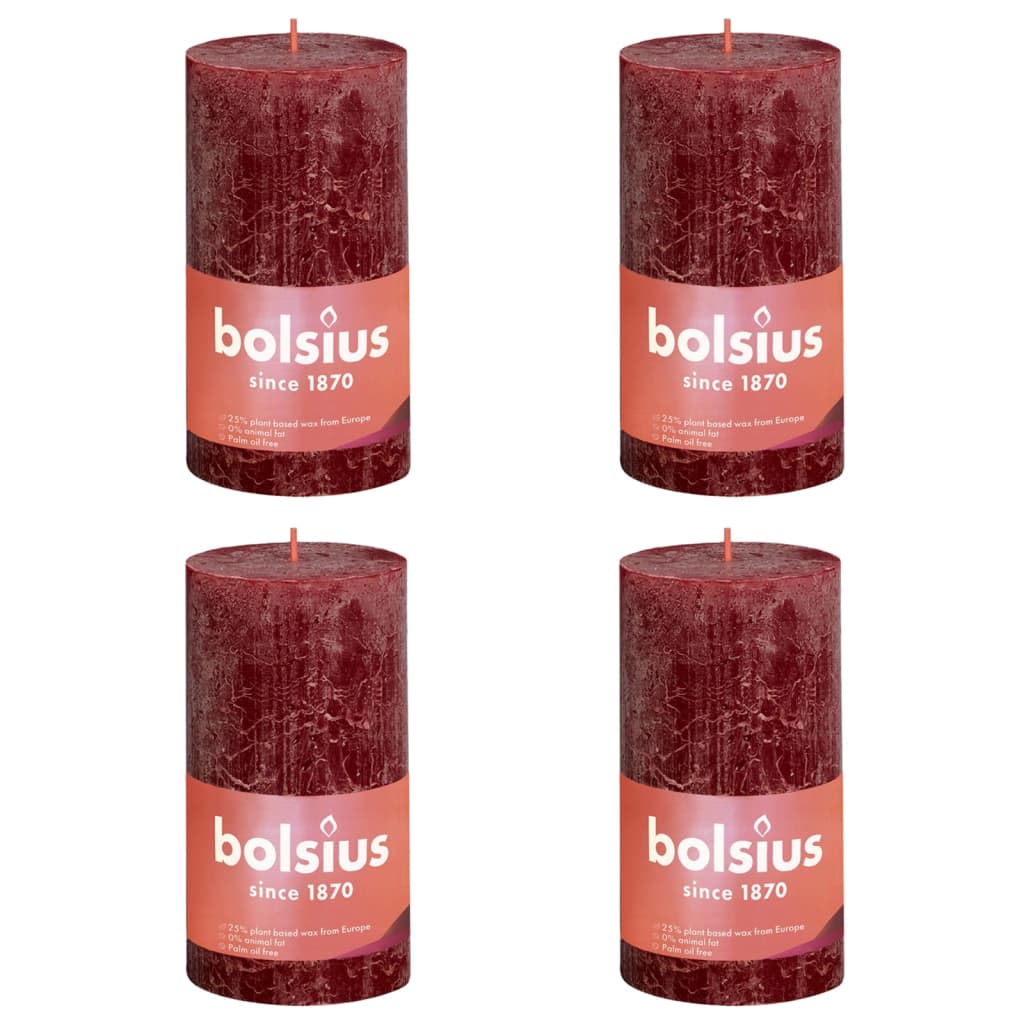 Bolsius Rustic Pillar Candles Shine 4 pcs 130x68 mm Velvet Red