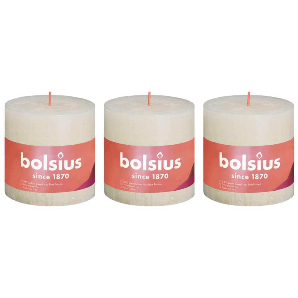 Bolsius Rustic Pillar Candles Shine 3 pcs 100x100 mm Soft Pearl