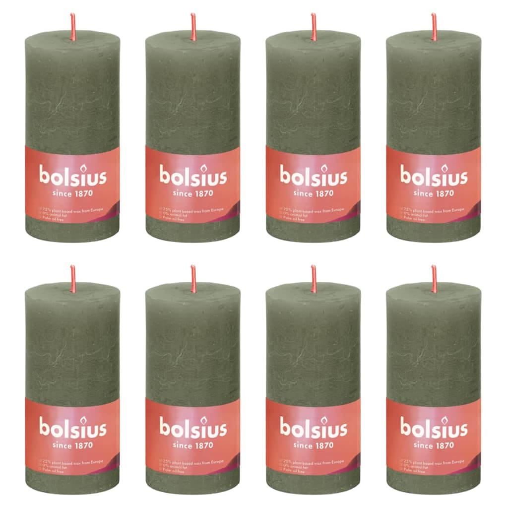 Bolsius Rustic Pillar Candles Shine 8 pcs 100x50 mm Fresh Olive
