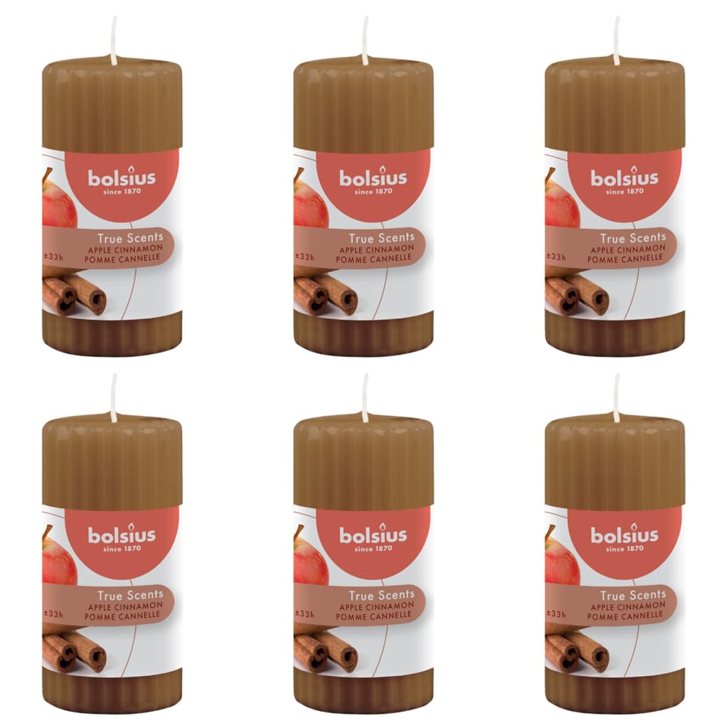 Bolsius Ribbed Pillar Scented Candles 6 pcs 120x58 mm Apple Cinnamon