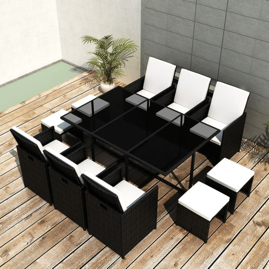 vidaXL 11 Piece Outdoor Dining Set with Cushions Poly Rattan Black