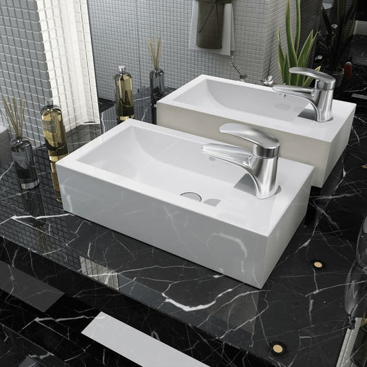 vidaXL Basin with Faucet Hole Rectangular Ceramic White 46x25.5x12 cm