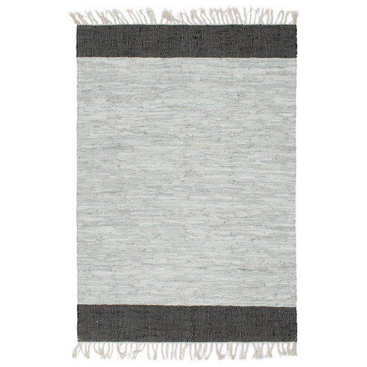 vidaXL Hand-woven Chindi Rug Leather 190x280 cm Light Grey and Black