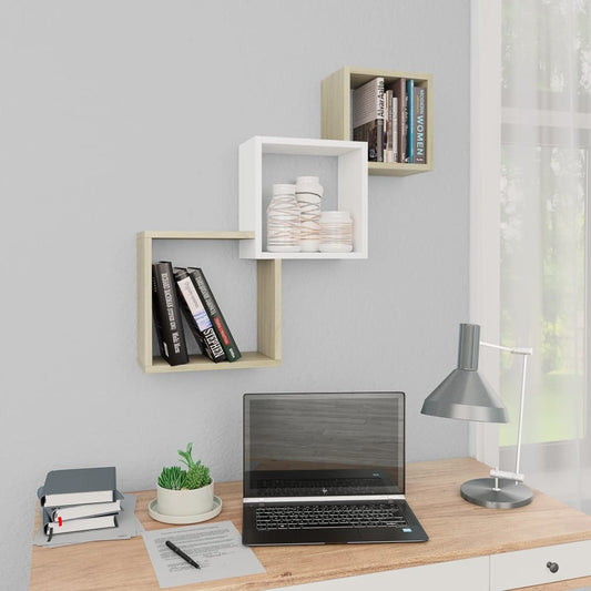 vidaXL Cube Wall Shelf White and Sonoma Oak 68x15x68 cm Engineered Wood