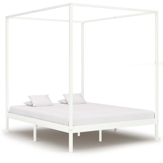vidaXL Canopy Bed Frame White Solid Pine Wood 160x200 cm