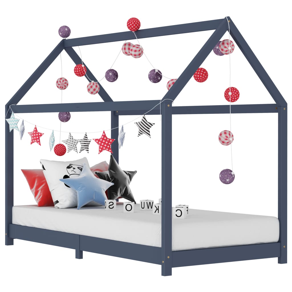 vidaXL Kids Bed Frame Grey Solid Pine Wood 90x200 cm