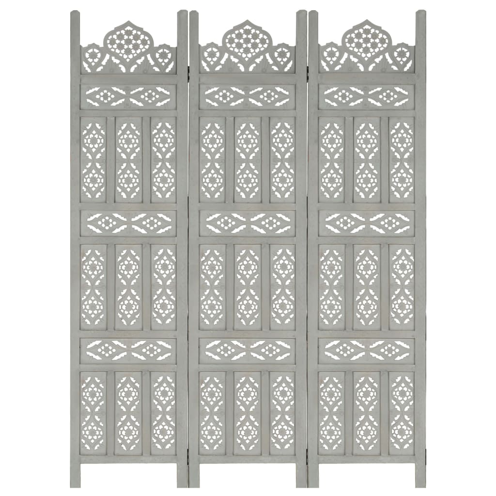 vidaXL Hand carved 3-Panel Room Divider Grey 120x165 cm Solid Mango Wood