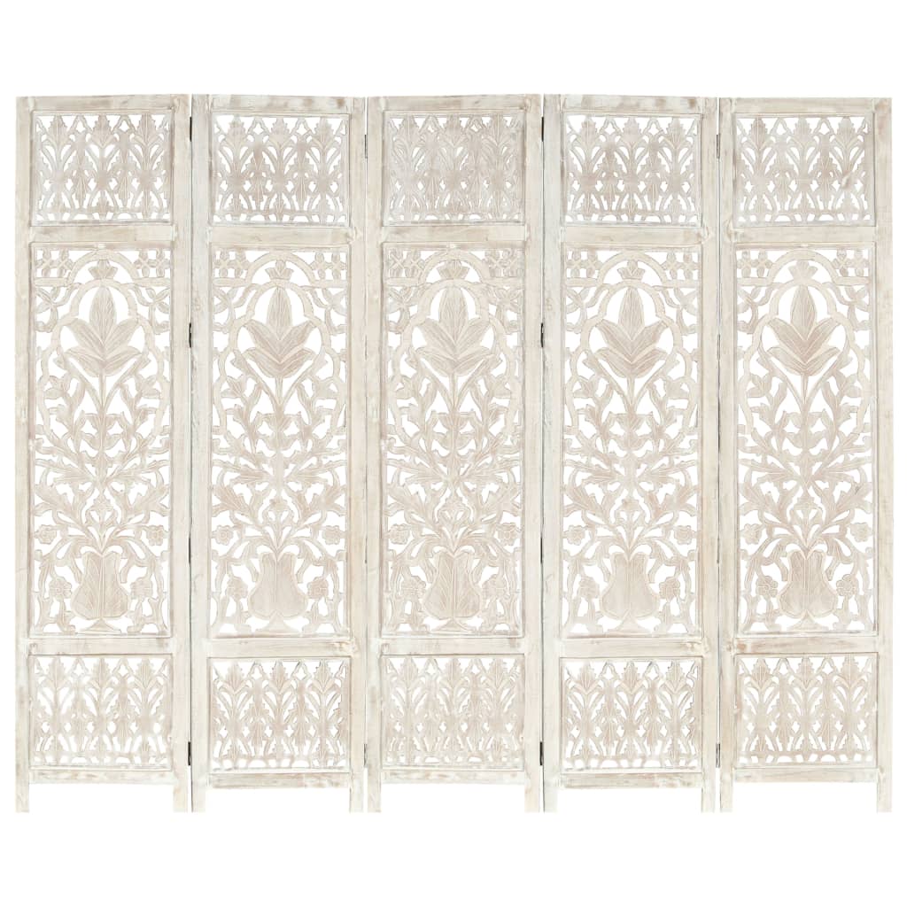 vidaXL Hand carved 5-Panel Room Divider White 200x165 cm Solid Mango Wood