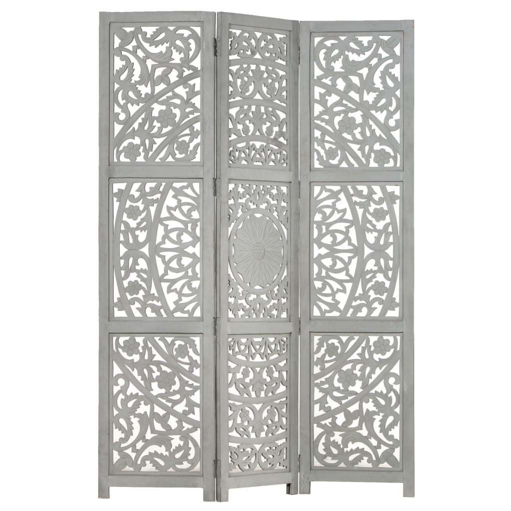 vidaXL Hand carved 3-Panel Room Divider Grey 120x165 cm Solid Mango Wood