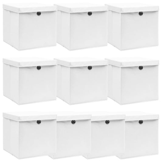 vidaXL Storage Boxes with Lids 10 pcs White 32x32x32 cm Fabric