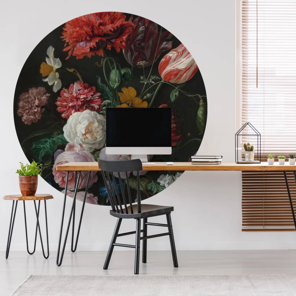 WallArt Wallpaper Circle Golden Age Flowers 142.5 cm