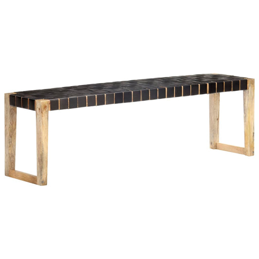 vidaXL Bench 150 cm Black Real Leather and Solid Mango Wood