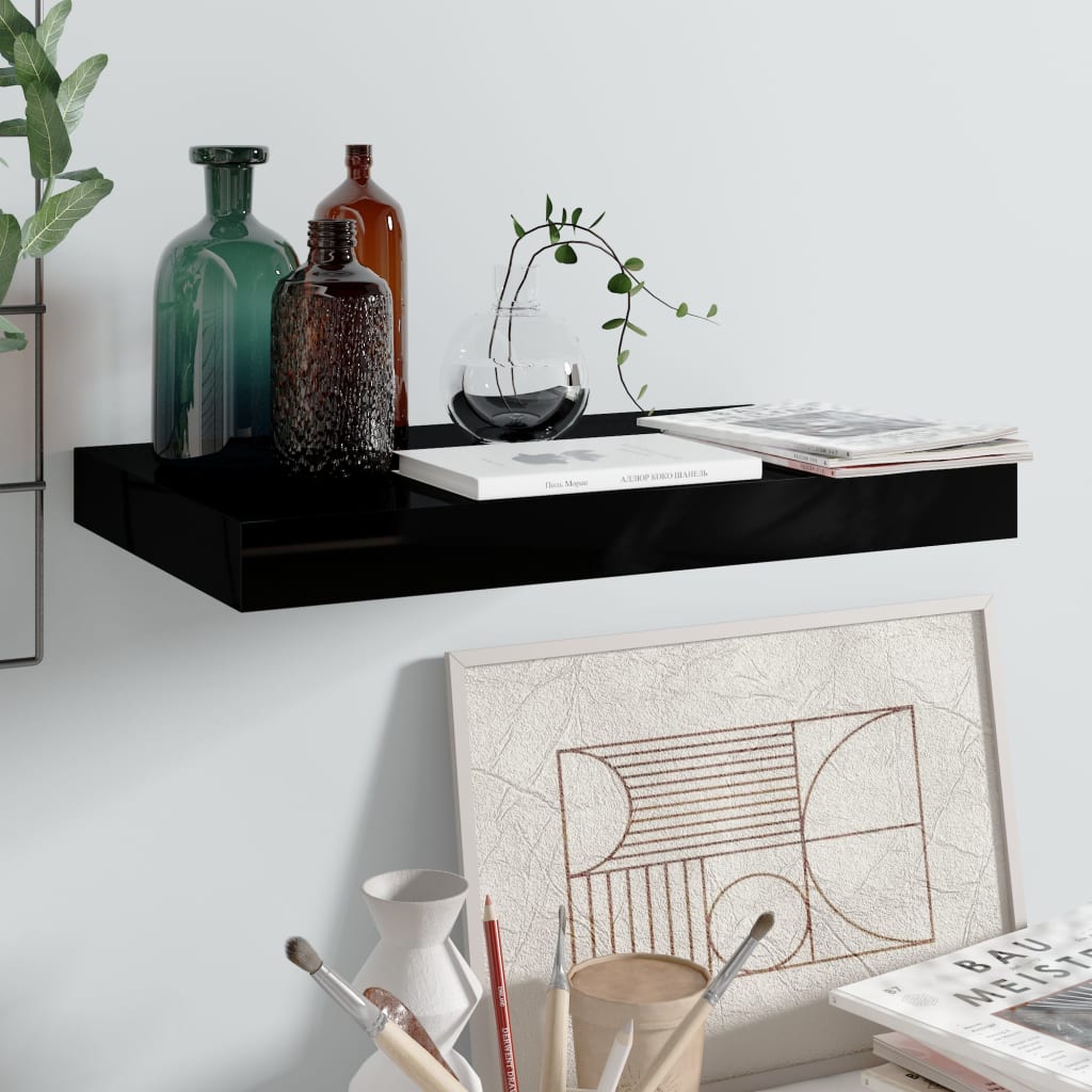 vidaXL Floating Wall Shelf High Gloss Black 40x23x3.8 cm MDF
