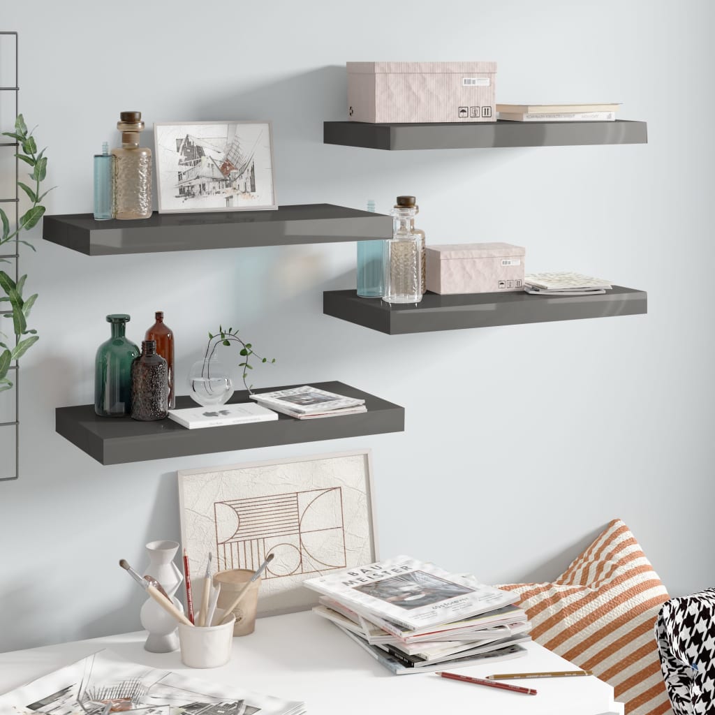 vidaXL Floating Wall Shelves 4 pcs High Gloss Grey 50x23x3.8 cm MDF