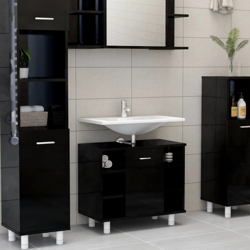 vidaXL Bathroom Cabinet High Gloss Black 60x32x53.5 cm Engineered Wood