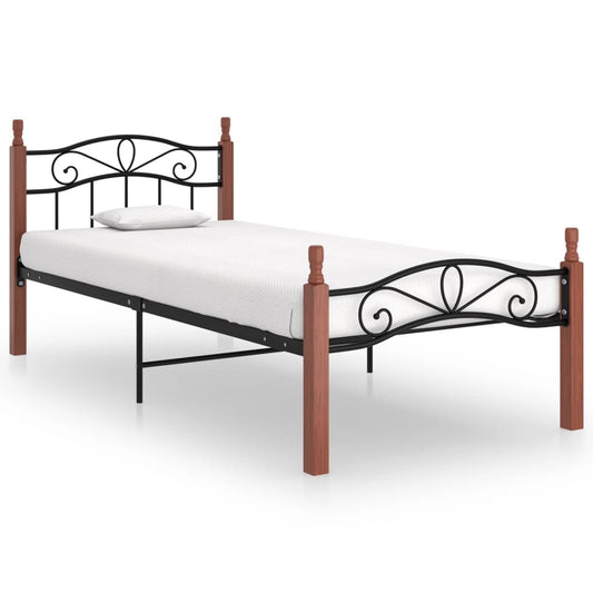 vidaXL Bed Frame Black Metal and Solid Oak Wood 100x200 cm